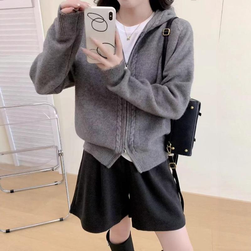 Double Zipper Hooded Sweater Jacket Women's Clothing Autumn and Winter New Loose Lazy Wind Knitted Cardigan Women