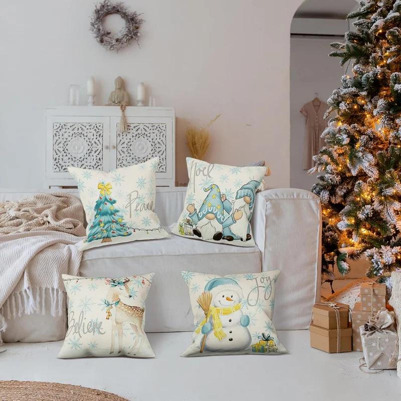 Christmas Pillowcase 20in X 20in 4-piece Set Family Farmhouse Decoration (Tree Snowman Dwarf Deer) Blue