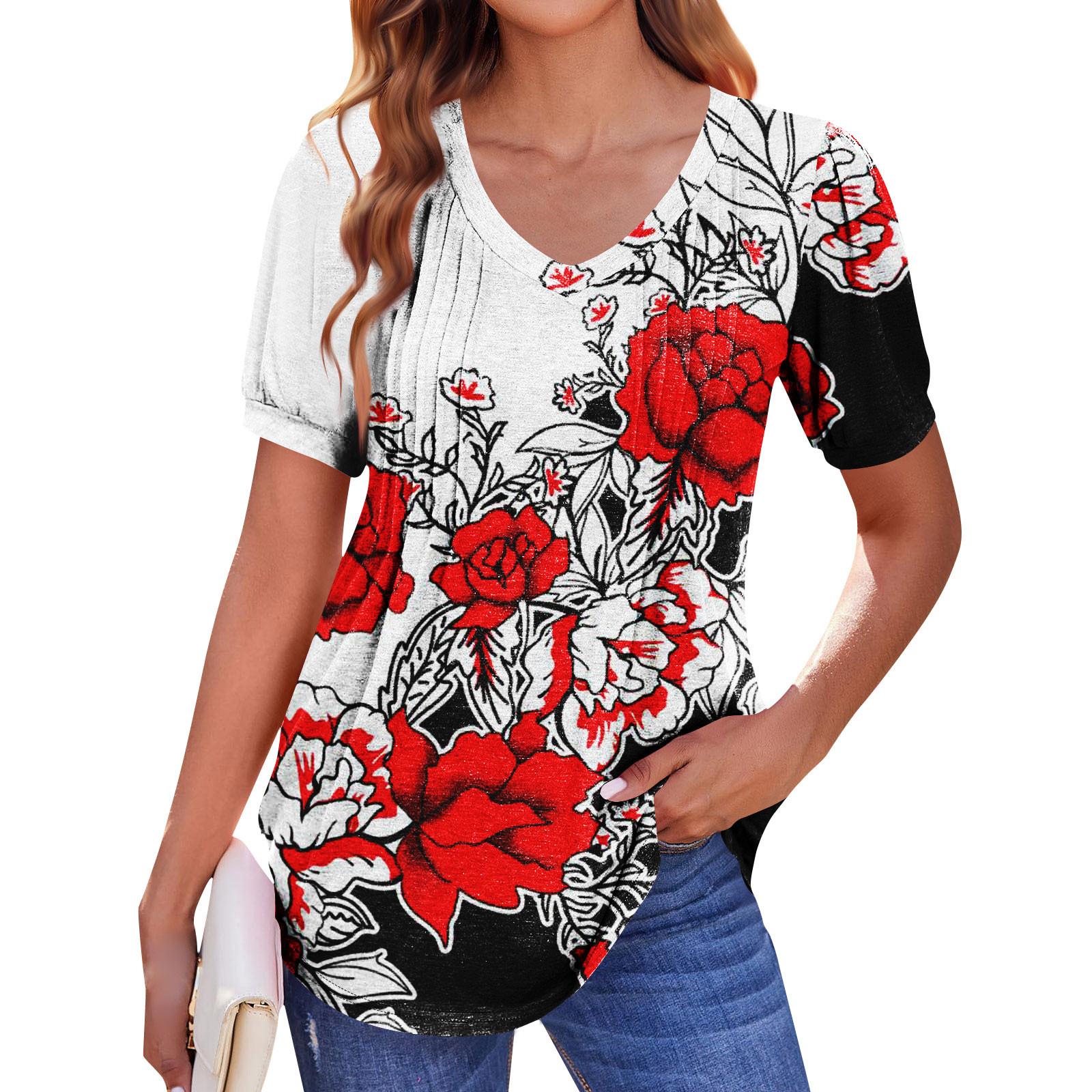 

Жіноча літня сорочка з короткими рукавами та пишним вирізом, плісирована, з коротким рукавом, у стилі бохо, повсякденна, з V-подібним вирізом, плісована, повсякденна, туніка XL червоний