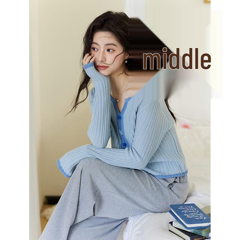 2026 Spring/Summer Blue Color Block Slim Fit Knit Cardigan - Women's Versatile Thin Layer Top