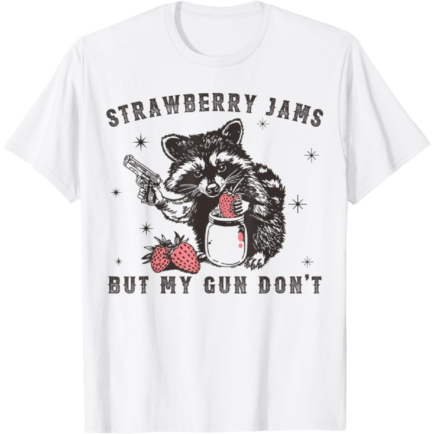 

HCJNZCA Strawberry Jams Gun Raccoon Silly Funny Unhinged Strawberry Jams T-Shirt XXXXXL білий