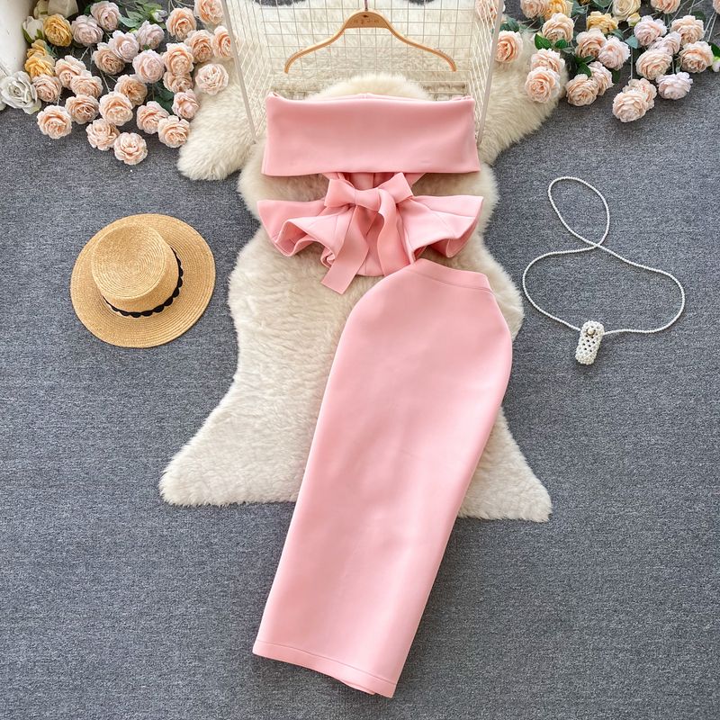 

Palace Style Lace-up Waist-Controlled Ruffled Two-piece Set Dress Pink L