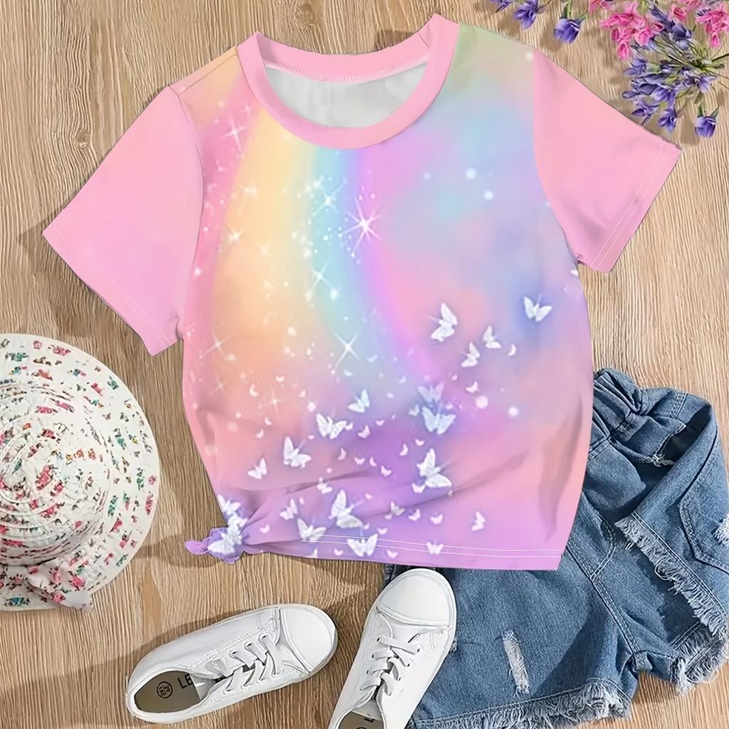 Kids Clothes Girl T-Shirt Short Sleeve Cute 3D Butterfly Print Children Summer Clothes Cartoon Outdoor Girls Clothing O-Neck Top