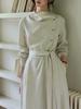 Two Sheep Twilight Linen Long Sleeve Dress: Women's Draped Waist Apricot Cotton