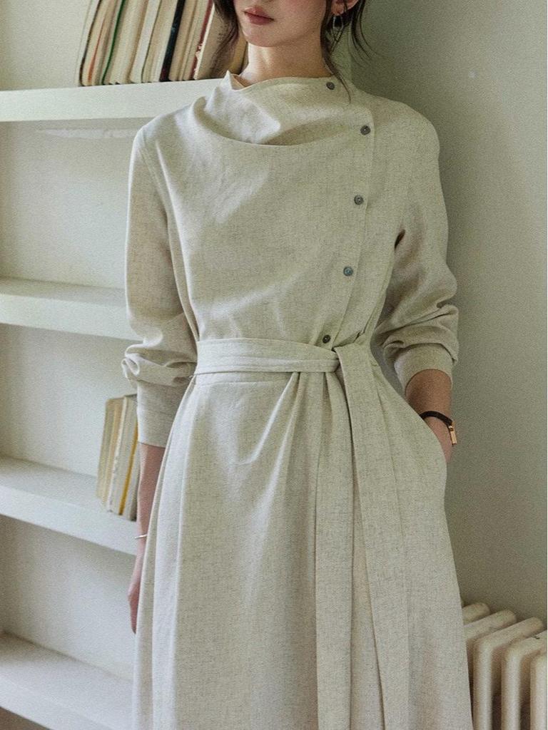 Two Sheep Twilight Linen Long Sleeve Dress: Women's Draped Waist Apricot Cotton