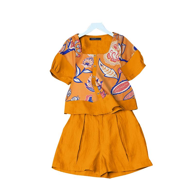 ZANZEA Womens Print T-shirt and Shorts Summer Two Piece Sets