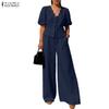 ZANZEA Damen Kurzarmbluse und Lange Hosen Sommer Zweiteilige Anzug Sets