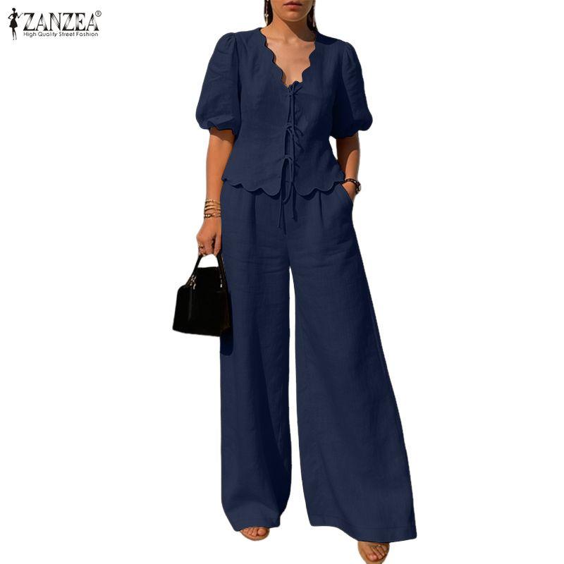 ZANZEA Damen Kurzarmbluse und Lange Hosen Sommer Zweiteilige Anzug Sets