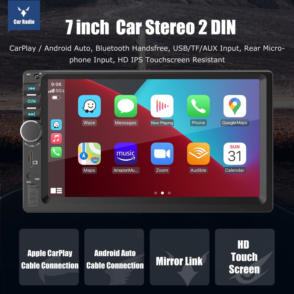 ESSGOO 7 Inch 2 DIN Car Stereo Radio Wired Carplay Android Auto MP5 Player Touch Screen USB/TF CAM AUX FM Bluetooth Head Unit