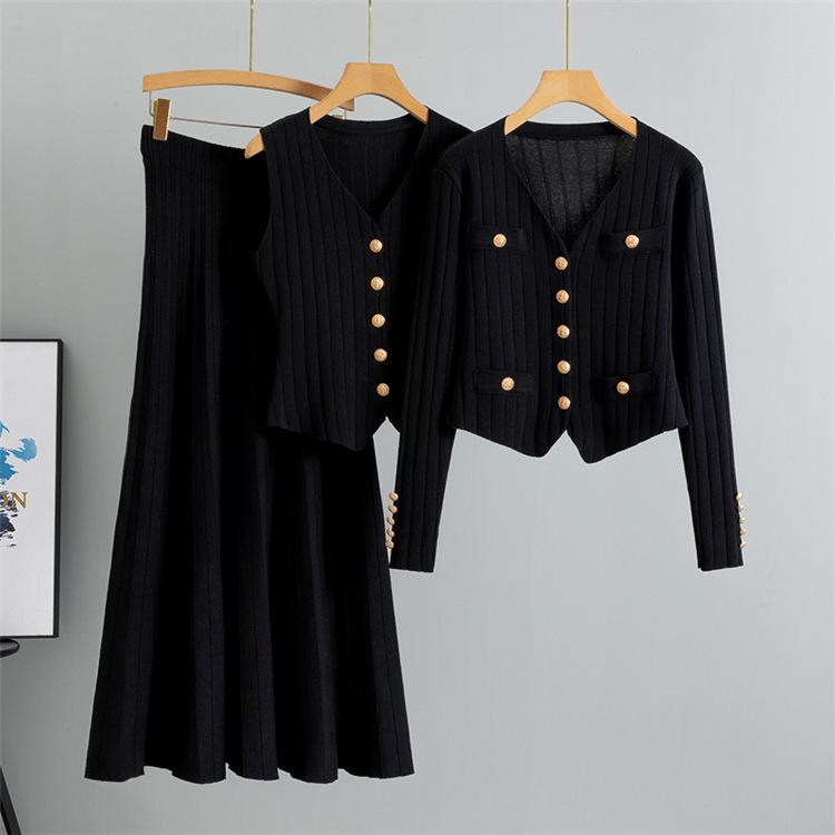 Half Skirt Sweater Three Piece Set For Women's Pants Suit  Autumn And Summer Vest Knitted Cardigan Set