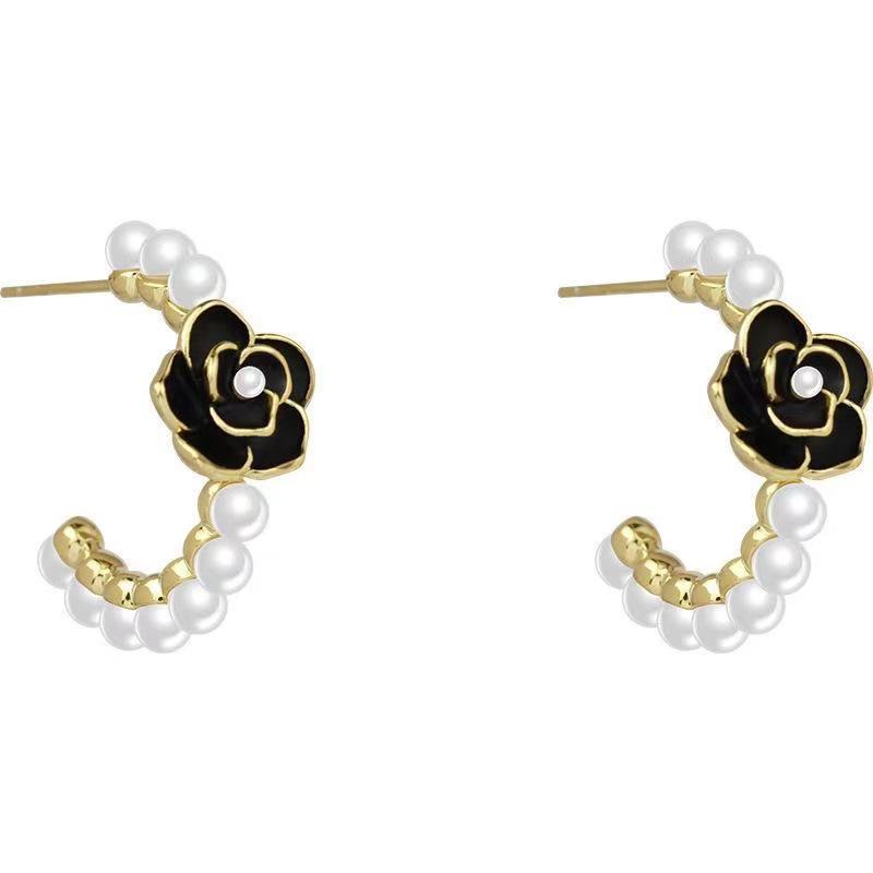 Elegant Camellia Pearl Hoop Earrings: Unique, Fragrant Style with Niche Design for Women