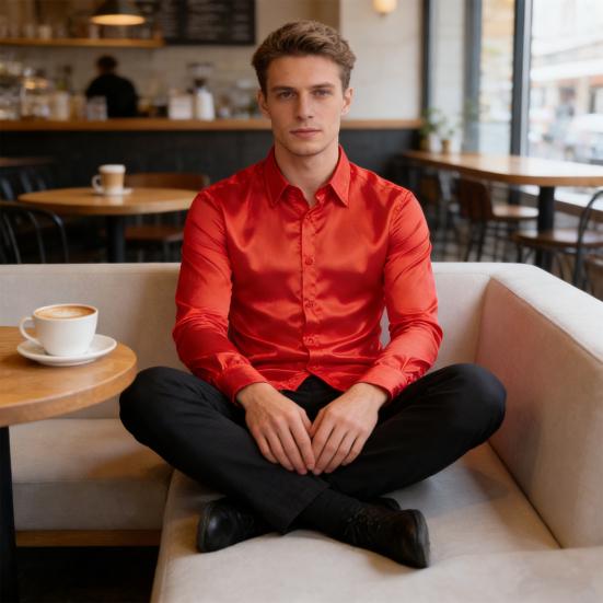 Men Shirt Lapel Long Sleeve Single Breasted Shirt Tops Pure Color Glossy Design Smooth Satin Shirt Versatile Daily Wear