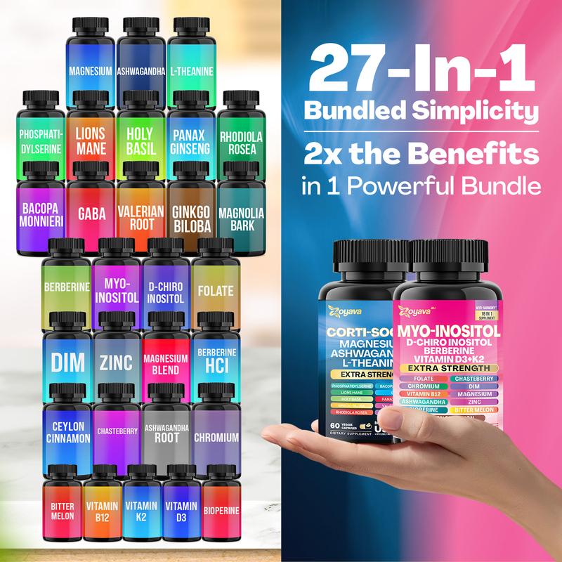 Zoyava Kortisol & Myo-Inositol Allt-i-ett Kosttillskott – Multivitaminkomplex med Extra Styrka Ingredienser för Fitness & Välbefinnande Stöd