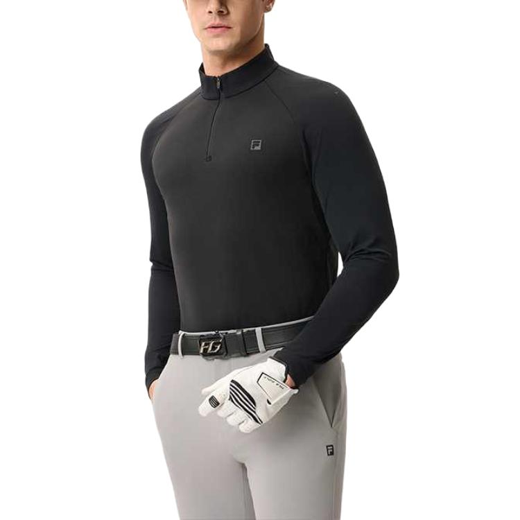 Fila Golf Series Comfortable Solid Color Pullover Stand Collar Long Sleeve T-Shirt Men Tops Deep-Black A11M515216F-BK