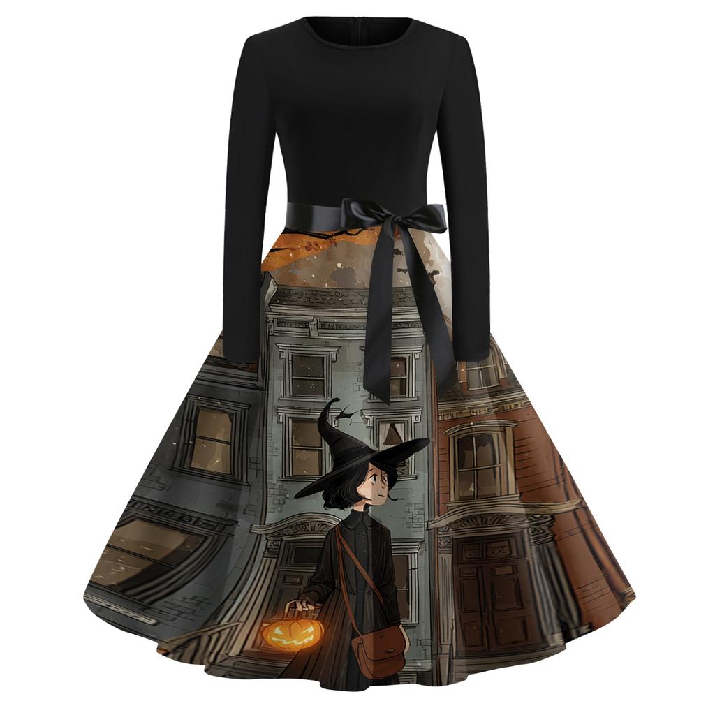 Women's Casual Vintage Halloween Print Dress Long Sleeve Round Neck Retro Swing Skater Dress with Waist Tie for Fall and Winter