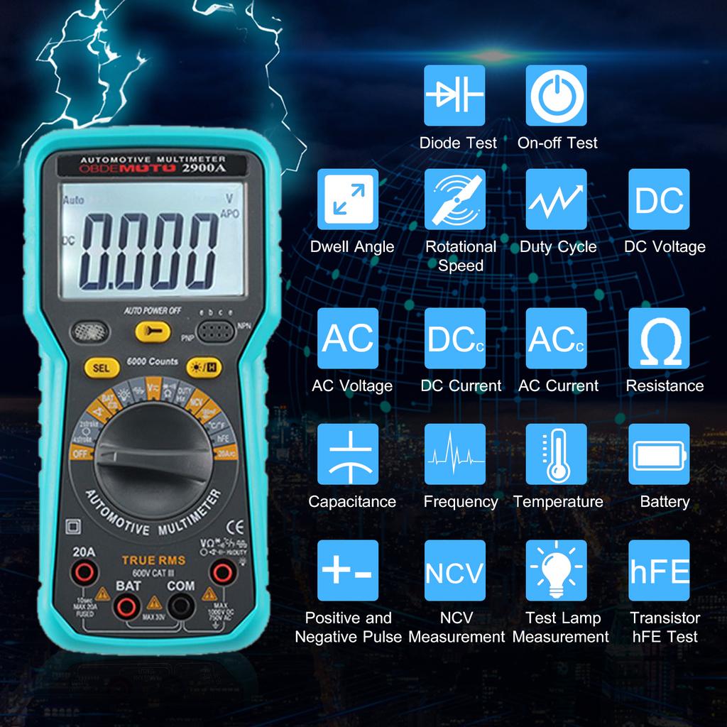 6000 Count LCD Digital Automotive Multimeter True RMS Universal Tester with Flashlight