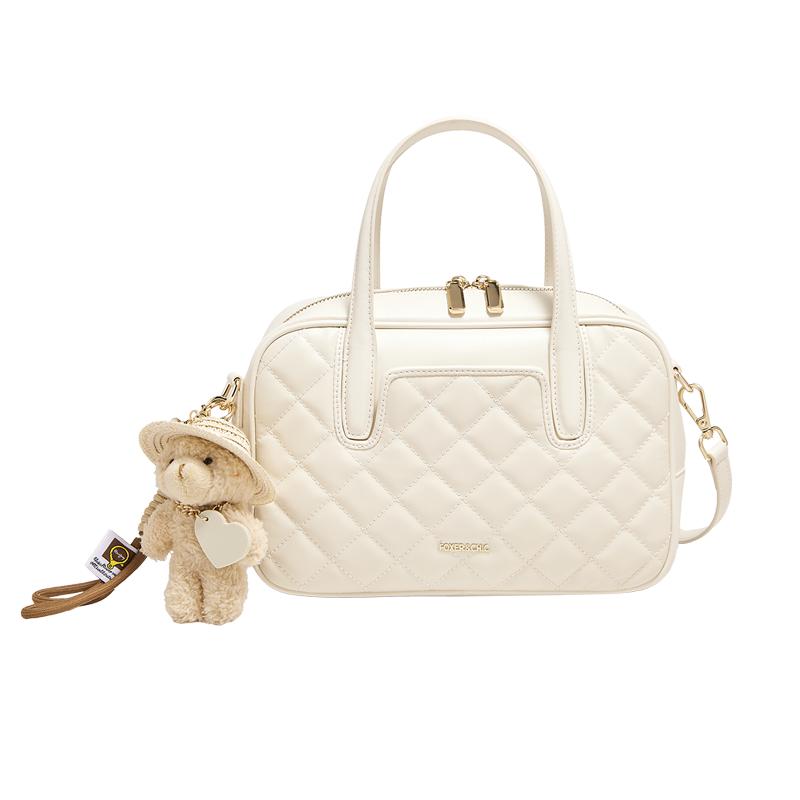 FOXER Women s Genuine Leather Handbag Cute Bear Pendant Portable Lady Shoulder Bag Quilted Spring Daily Commute Crossbody Bag