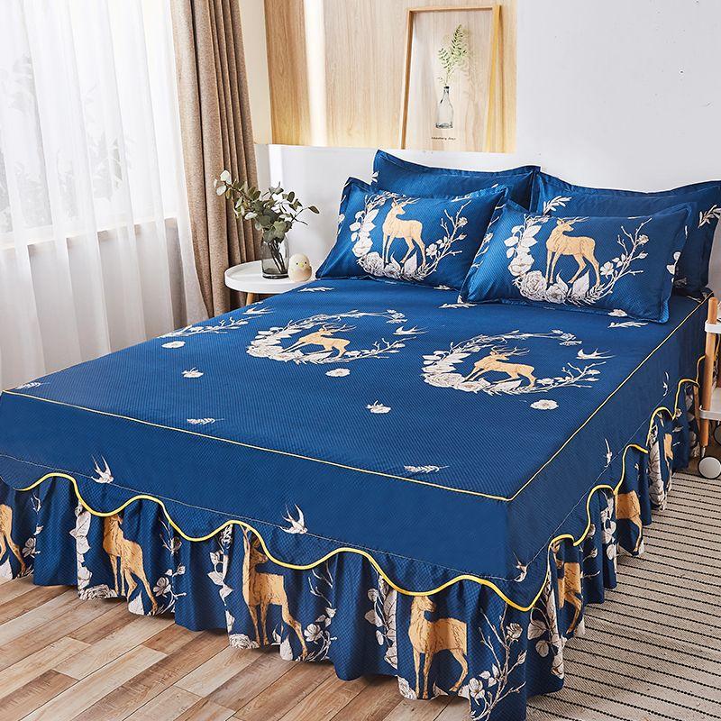 Flower Print Ruffled Bedding Set,Pillowcases Set/Bed Skirt Set,Bed Skirt*1 ,Pillowcases *2 (Size: Twin/Full/Queen/King)