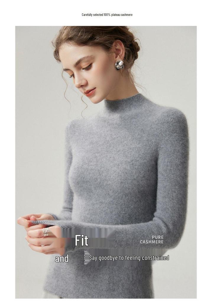Pure Cashmere Ribbed Half-High Collar Knit Top