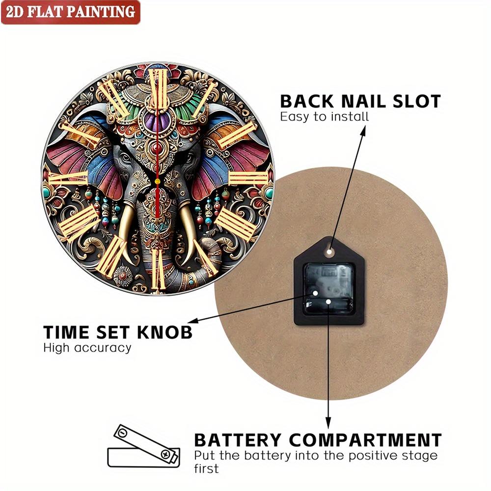 Elephant Wall Clock. Colorful Decorative Timepiece with Roman Numerals for Living Room or Bedroom.