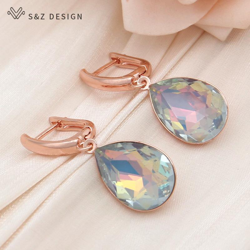 Modische Wassertropfen Kristall Hängeohrringe für Damen Hochzeit Stilvoll Roségoldfarben Ohrhänger Schmuck Geschenk