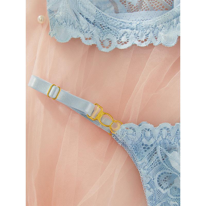 Three-point Sex Underwear Light Blue Open Crotch Milk Sexy Lace Free Perspective Temptation Bra Set