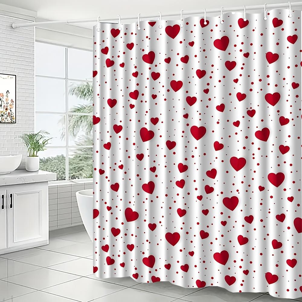 1pc Red Heart-patterned Shower Curtain, Polyester Fabric, Machine Washable, with Hooks, Suitable for Bathroom Décor.