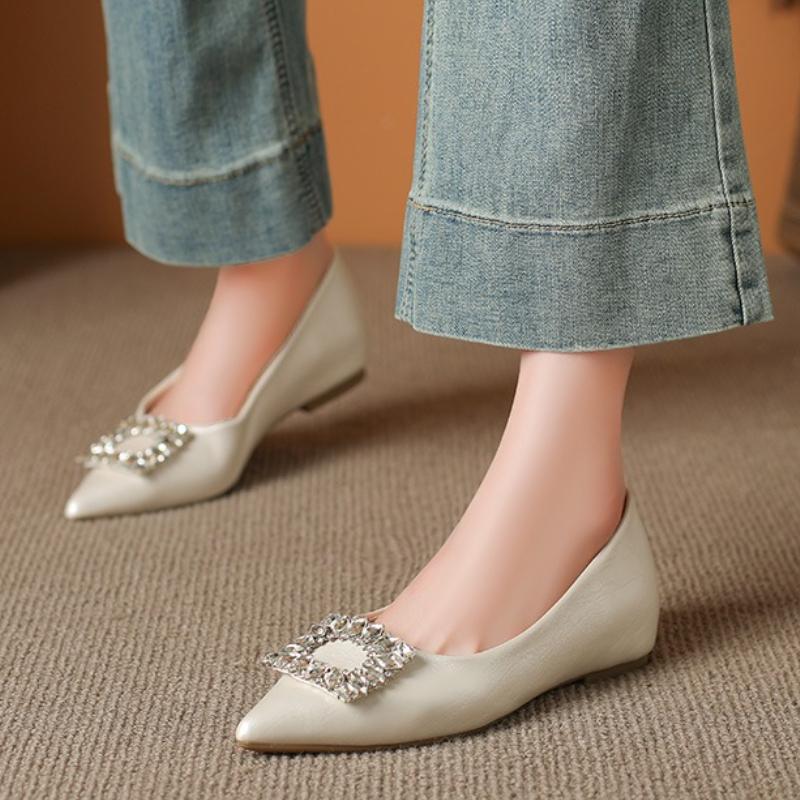 Fashion Women's French Style Versatile Low-Cut Flats  New Arrival Elegant Pointed Toe with Rhinestone Square Buckle, Office Dress Shoes