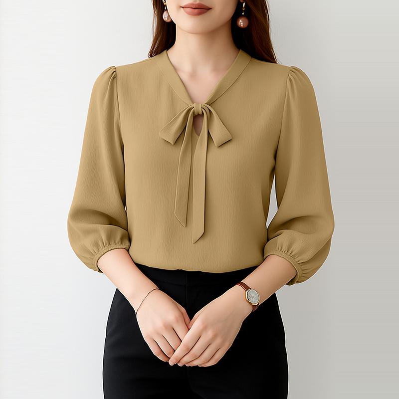 ZANZEA Lässige Bluse mit V-Ausschnitt und 3/4-Ärmeln für Damen in Volltonfarbe