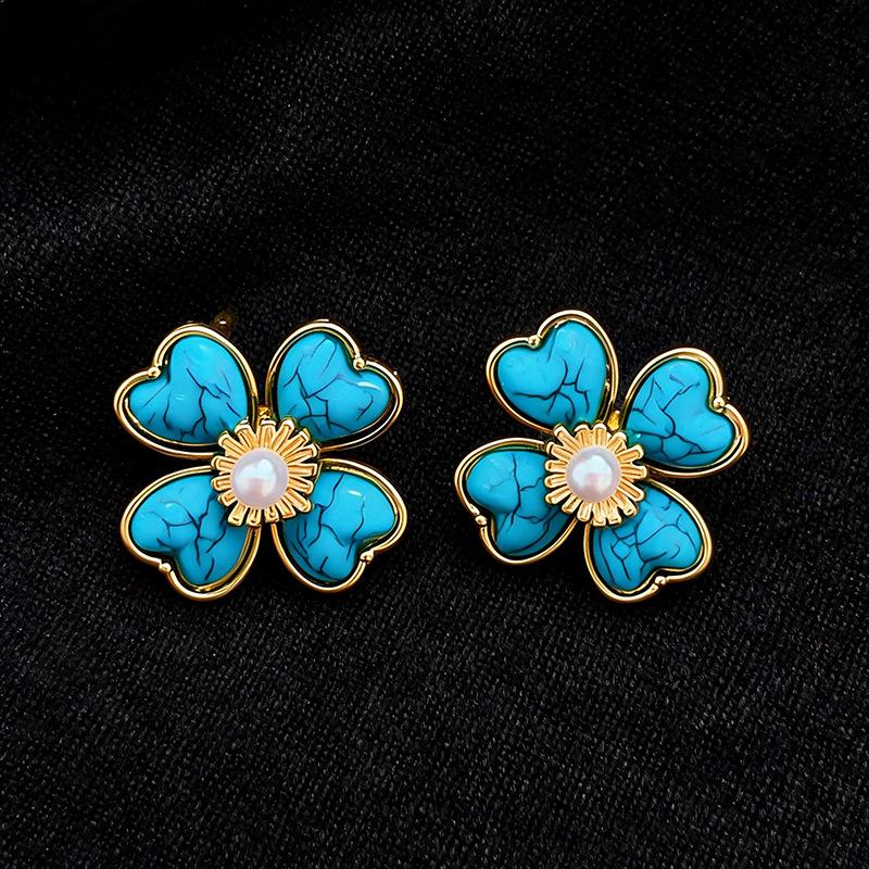 18k Gold Plated Silver Needle Retro Resin Marbled Flower Stud Earrings