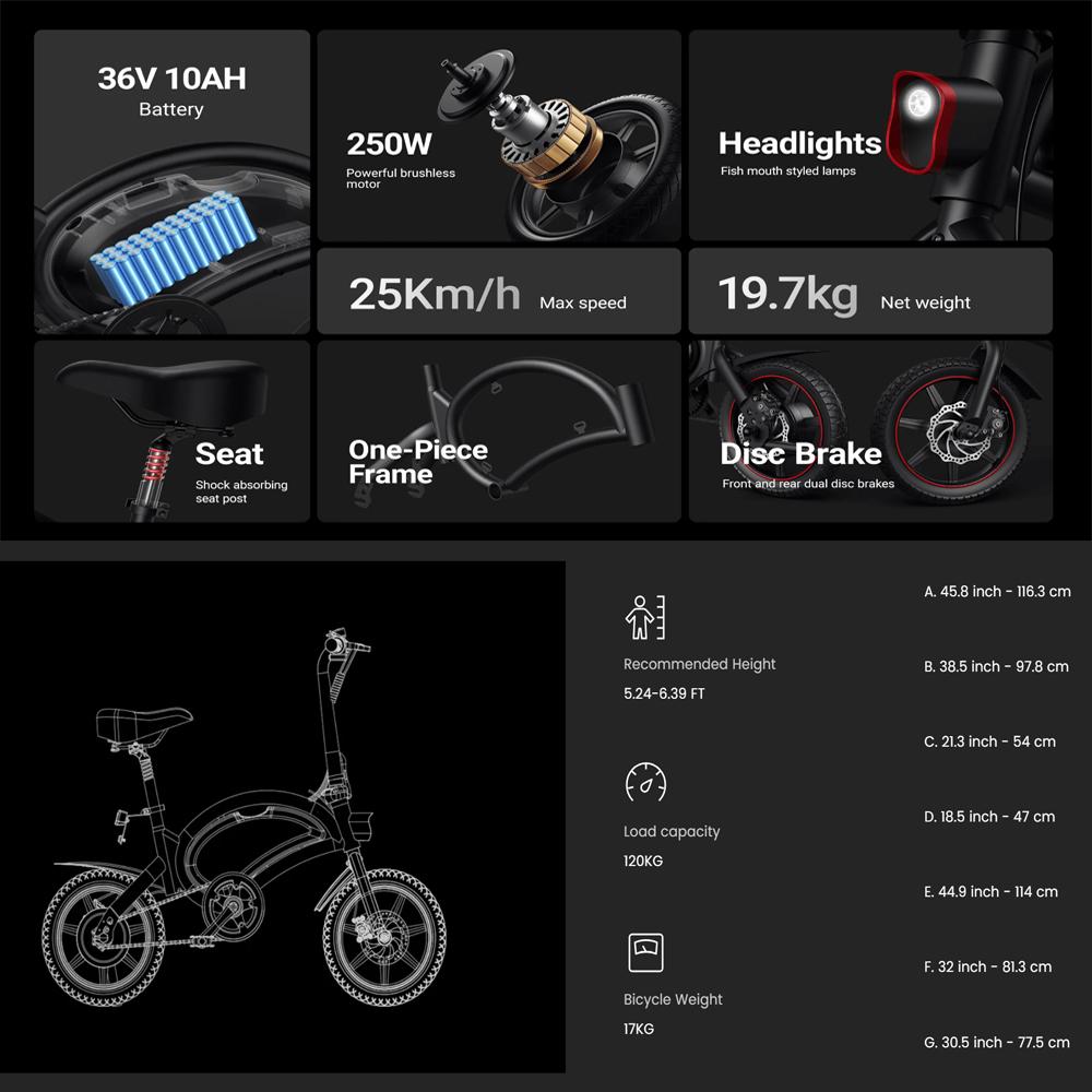 Electric Bicycle DYU D3F 14" 250W Motor Foldable City E-Bike 36V 10AH Dual Disc Brake Top Speed 25Km/h Max Load 120Kg