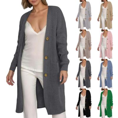 Lazy Trend Knitted Cardigan Women Long Sleeve Knee Length Medium Long Hair Jacket Solid Color