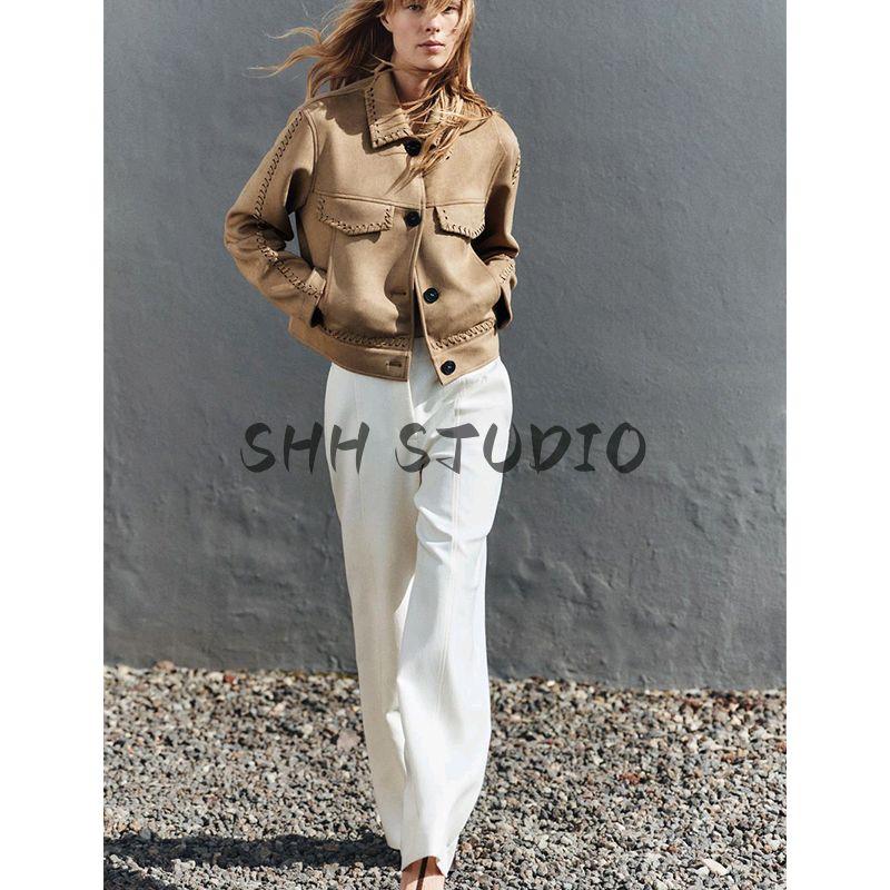 Spring Women clothes Lapel Long sleeve Woven Details Decorative Suede Texture Effect Jacket 6318037