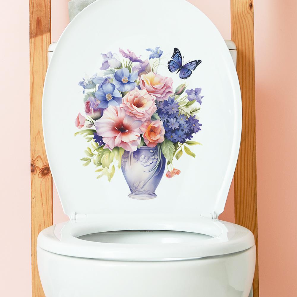 Flowers and Leaves Vase Toilet Stickers Bathroom Home Decoration Wall Stickers