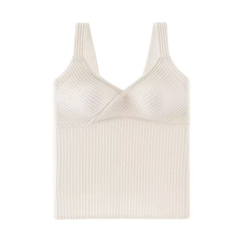 Womens Cross V Neck Ribbed Thermal Vest Removable Padding Slim Fit Long Camisole