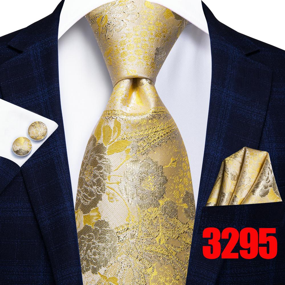 Hi-Tie Mens Golden Silk Tie Business Wedding Necktie Hanky Cufflinks