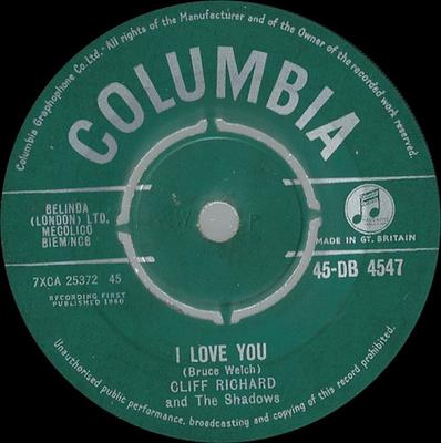 7inch Record CLIFF RICHARD & THE SHADOWS - I Love You 45DB4547 Columbia 1960 UK Rock Used