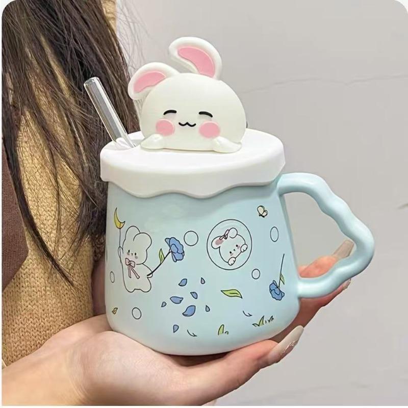 

Cute Rabbit Cup Ceramic with Straw Mug Large Capacity Water Cup Birthday Gift for Girls Practical Gift for Girlfriend 410ml