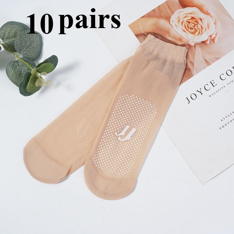 Zestaw 3/5/10 par Damskie krótkie skarpetki jedwabne z silikonowym nadrukiem antypoślizgowym, Niewidoczne, Przezroczyste, Odporne na zaciągnięcia, Masujące stopy