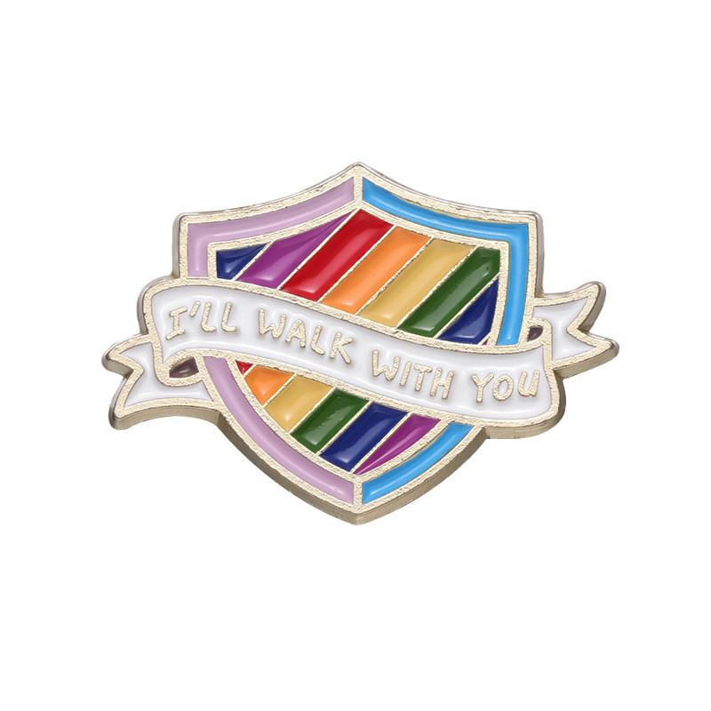 Contemporary Rainbow Letter Brooch Trendy Shield Shape Metal Badge Colorful Pin Fashionable