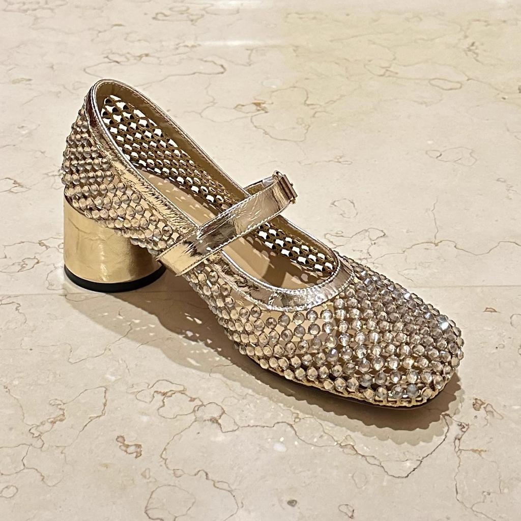 Europäische Station Damenschuhe 2025 Sommer neu Strass hohl atmungsaktives Mesh dicker Absatz Wort mit Mary Jane niedrig Absatz Sandalen