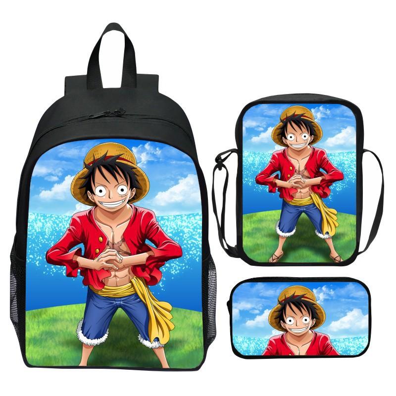 Set Zaino 3 Pezzi Stampato One Piece Cartone Animato Pirata Blu Marinaio Zaino Scuola Elementare Grande Capacità Resistente all'Acqua Zaino per Bambini