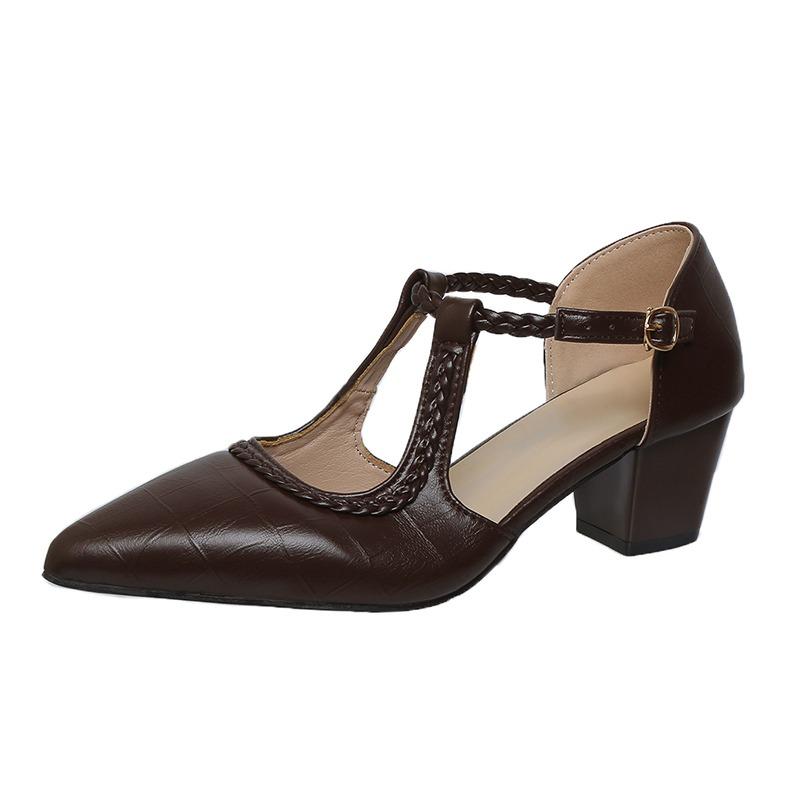 Fashion 2025 Fashion Hollow Women's High Heels Pointed Toe Weave Buckle Strap Chunky Heel Pumps Plus Size Dress & Career Retro Mary Jane