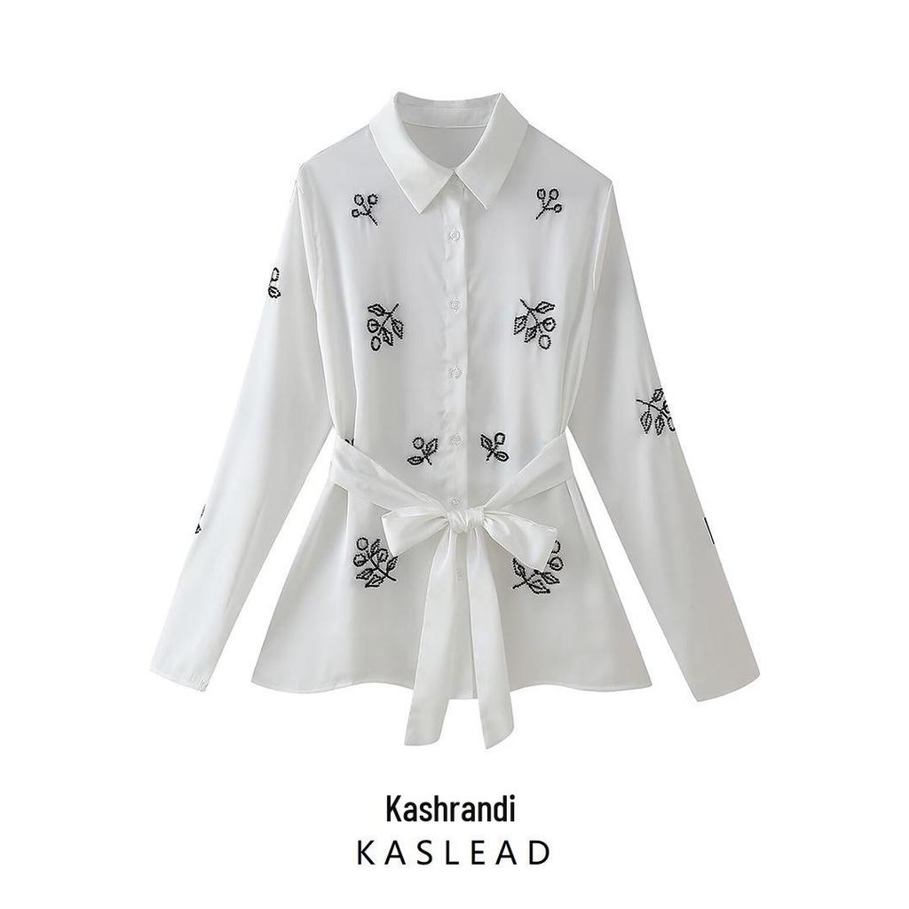 2024 Autumn Women's European & American Fashion Beaded Embroidered Satin Long-Sleeve Shirt