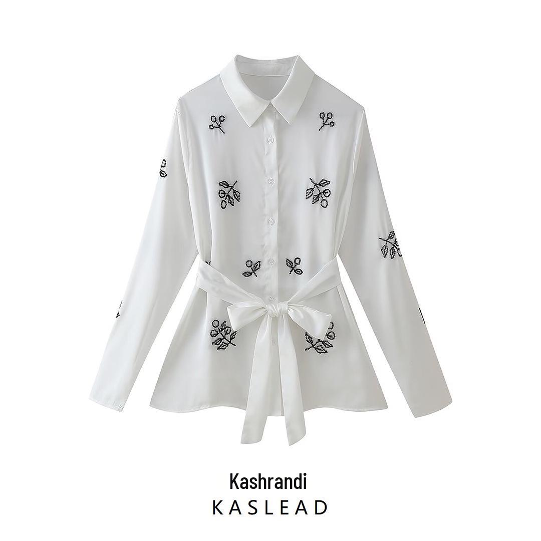 

2024 Autumn Women s European & American Fashion Beaded Embroidered Satin Long-Sleeve Shirt Extra Small білий