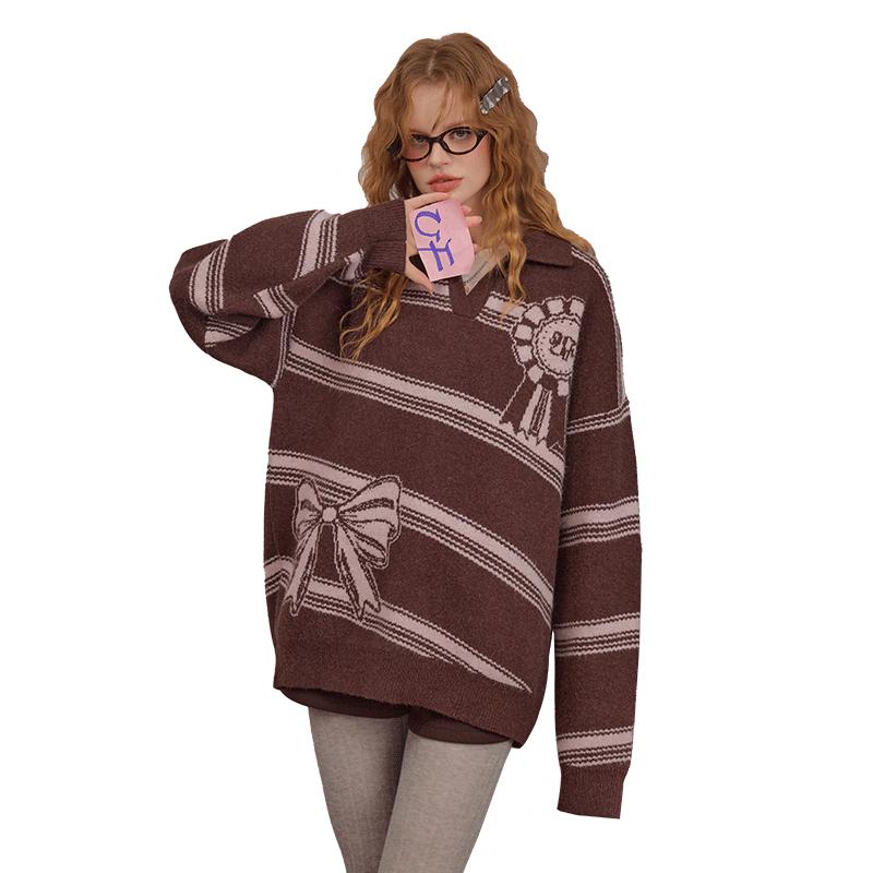 

UNIFREE Women s Vintage Striped Lapel Sweater with Bowknot Detail L