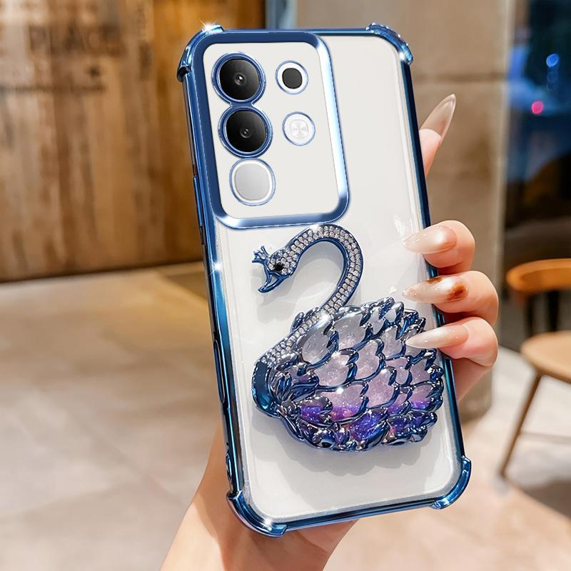 KEYSION Shockproof Plating Phone Case for VIVO Y29 4G Clear Soft TPU Glitter Jewelled Swan Kickstand Back Cover for IQOO Z10X 5G