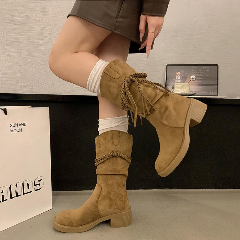 Boots women's new spring and autumn retro fringed knight boots Maillard medium boots thick-soled thick-heeled western boots women