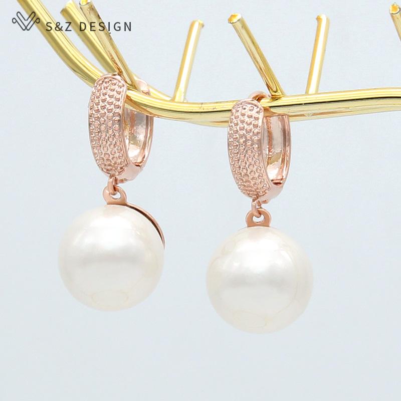 Vintage Rose Gold Color Round Imitation Pearl Drop Earrings For Women Wedding Fashion Jewelry Gift