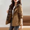 Women's Windbreaker Jackets Plaid Fake Two-piece Splicing Loose Casual Hooded Tooling Jacket Trend Coats